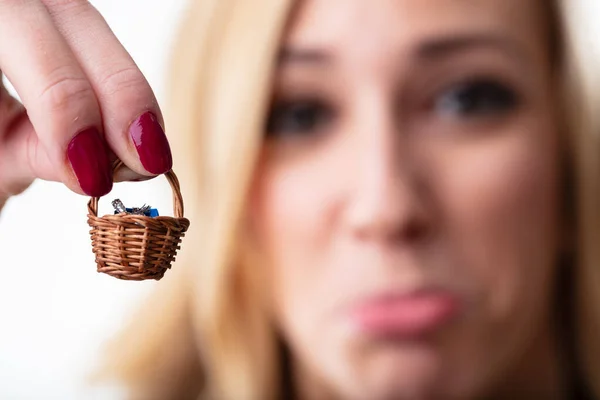 Microscopic Present Tiny Basket Held Blurry Very Sad Woman Gift — Stock Photo, Image