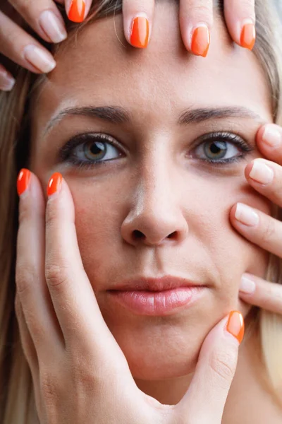 Extreme Close Blonde Woman Face Green Eyes Framed Hands Touching — Stock Photo, Image