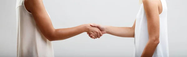 ビジネス取引や政治的合意を象徴する2人の女性の間の握手のクローズアップ 目に見えない顔や軽装 — ストック写真