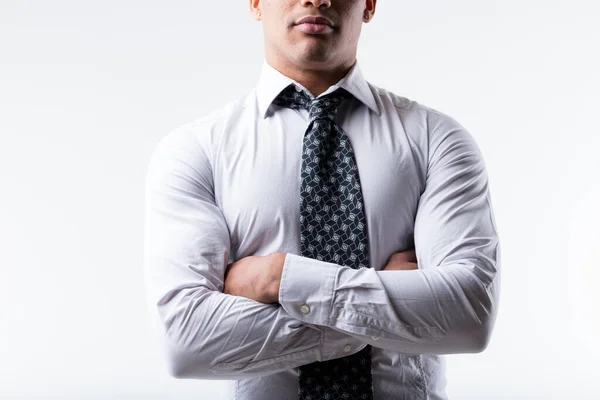 Businessman Black Ethnicity Partially Visible Face Stands Arms Crossed Exuding — Stock Photo, Image