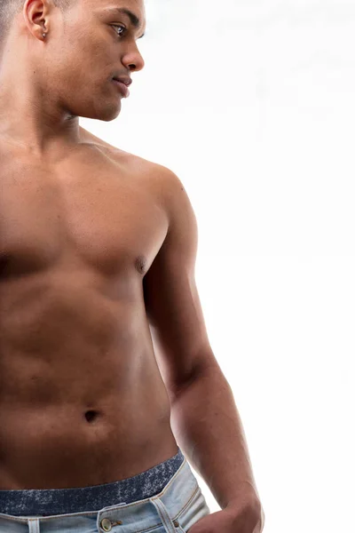 Fit Young Man Shirtless Gazes Sideways His Undergarments Visible His — Stock Photo, Image