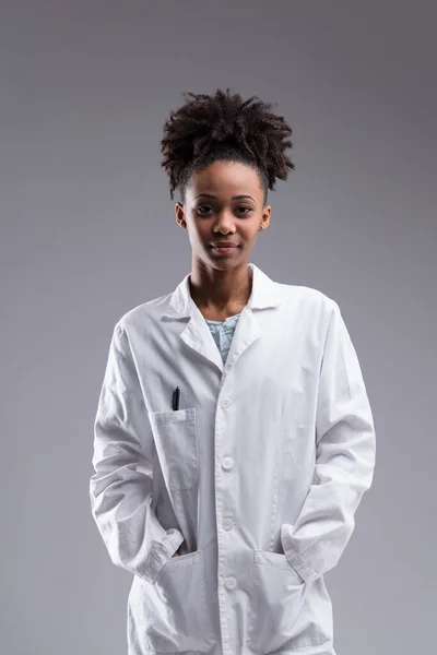 Earned Way Job Young Woman White Lab Coat Researcher Scientist — Stock Photo, Image