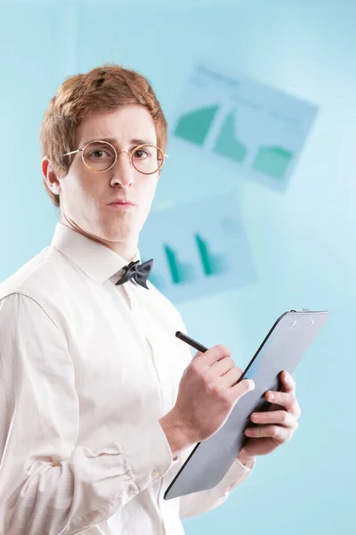 Young Man Dated Office Suit Perhaps Subservient Accountant Notepad White — Stock Photo, Image