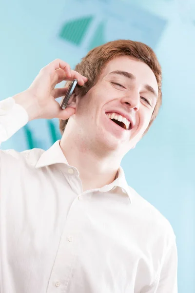Laughing Man Office Outfit Takes Call His Smartphone His Rosy — Stock Photo, Image