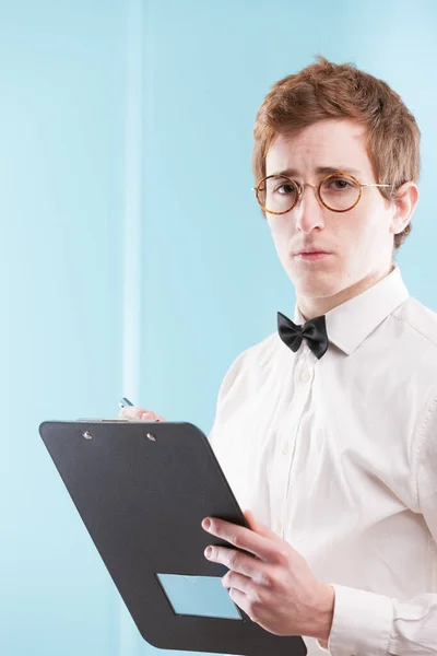 Young Man Old Fashioned Office Suit Possibly Nerdy Slightly Servile — Stock Photo, Image