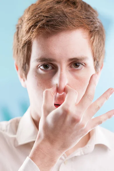 Red Haired Office Worker White Shirt Pinches His Nose Distaste — Stock Photo, Image