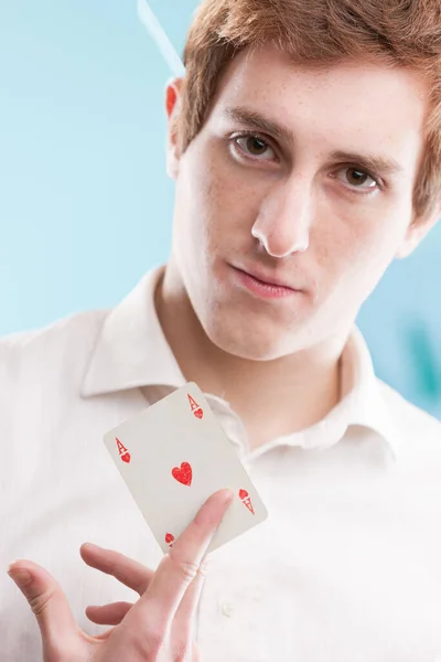 Young Redhead Man Blue Office Pulls Out His Ace Illustrates — Stock Photo, Image