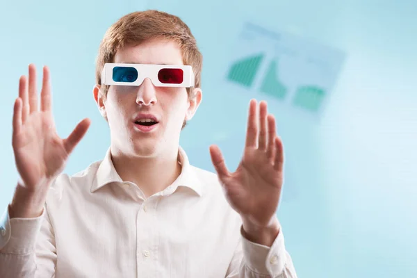 Blurred Sharp Elements Enable Graphic Application Man Wearing Glasses Works — Stock Photo, Image