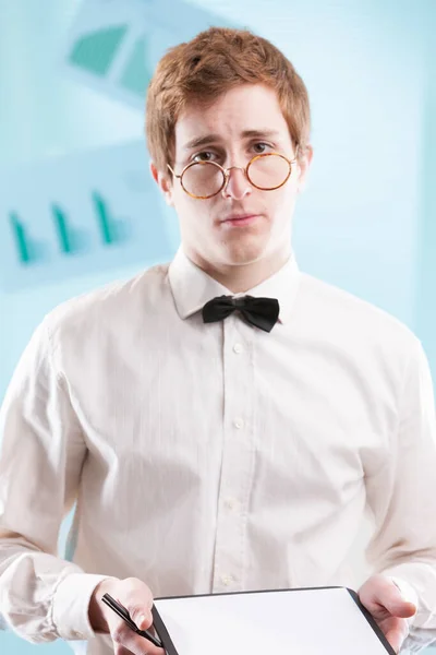Somewhat Nerdy Slightly Subservient Young Man Dated Office Suit Clutching — Stock Photo, Image