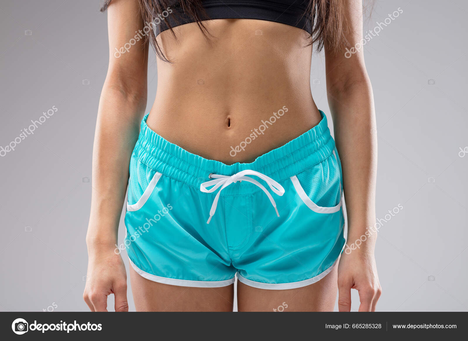Close Shot Young Woman's Flat Toned Stomach Visible Her Sports