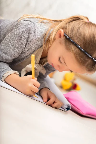 Young Girl Captivated Drawing Coloring Fabricating Fantasy Beings Stories Lying — Stock Photo, Image