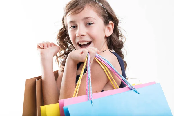 Oyful Lány Színes Bevásárló Táskák Kényezteti Izgalom Költekezés — Stock Fotó