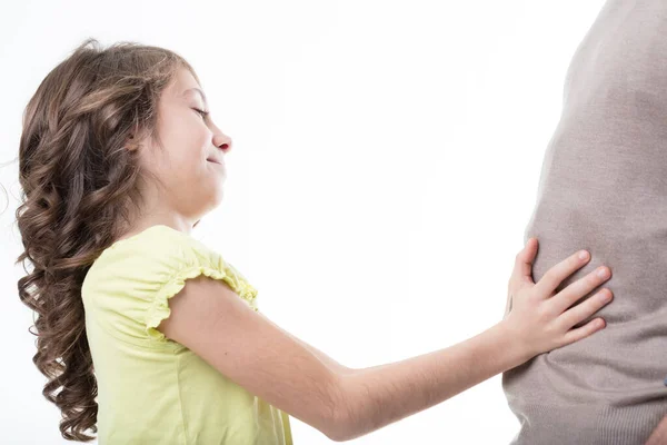 Girl Gently Caresses Her Dad Chubby Belly Promoting Healthy Lifestyle — Stock Photo, Image