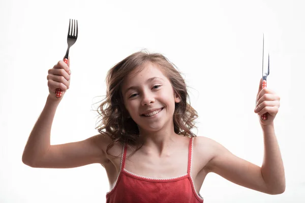 Little Girl Red Tank Top Eagerly Holding Fork Knife Awaits — Stock Photo, Image