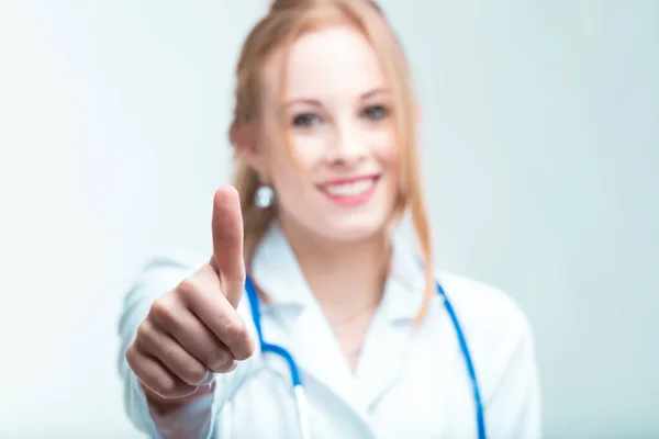 Optimistic Family Doctor Thumbs Sign Exuding Positivity Everything Health Insurance — Stock Photo, Image