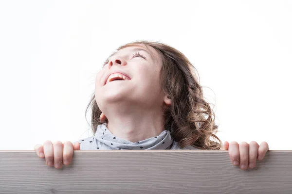 Bursting Laughter Curly Haired Girl Pops Out Your Copyspace Sign — Stock Photo, Image