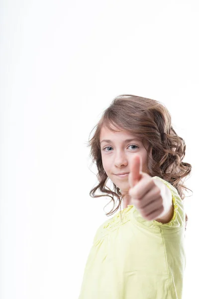Focus White Background Curly Haired Girl Shows Blurred Thumbs Signifying — Stock Photo, Image