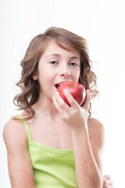 Feeling Vitality Sweet Apple Girl Green Embodies Fresh Fruit Health — Stock Photo, Image