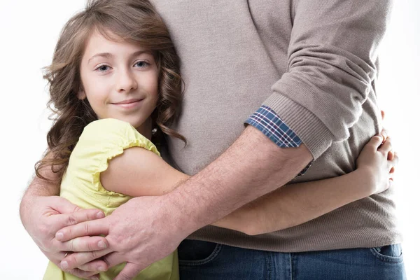 Girl Green Hugs Her Dad Waist Level Enveloped His Protective — Stock Photo, Image