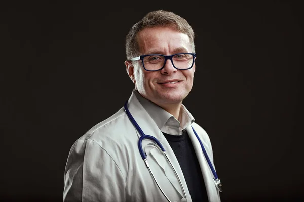 Middle Aged Bespectacled Doctor Smiles Passionate His Profession Gracious Content — Stock Photo, Image