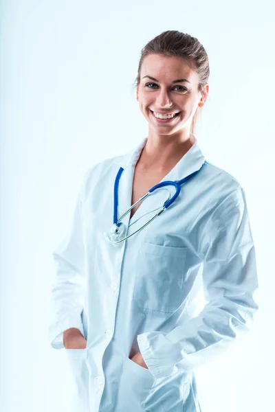 Smiling Doctor Hair Hands Pockets Her Youth She Dedicated Helping — Stock Photo, Image