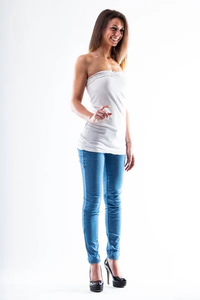 Young Woman Pictured Talking Clicking Something Unseen She Tall Slim — Stock Photo, Image