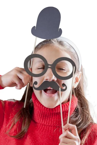 Girl Amusingly Posing Cardboard Disguises Making People Laugh Her Silliness — Stock Photo, Image