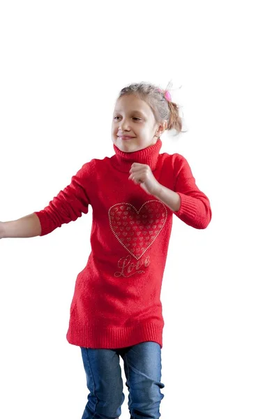 Chica Suéter Rojo Adornada Con Corazón Brillante Baila Con Música —  Fotos de Stock