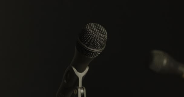 Due Microfoni Alzano Dal Nero Illuminano Delicatamente Poi Ritornano Dolcemente — Video Stock