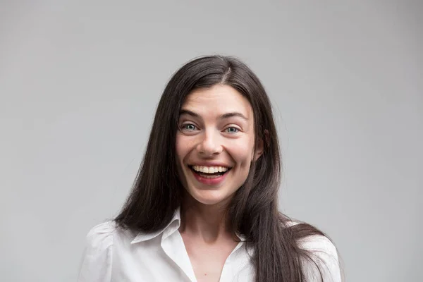 Central Frontal Shot Woman Positively Impacted Laughing Intense Joy Formal — Stock Photo, Image