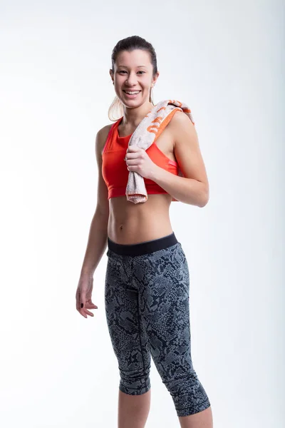 Stående Porträtt Ung Kvinna Med Svagt Östasiatiska Drag Orange Sport — Stockfoto