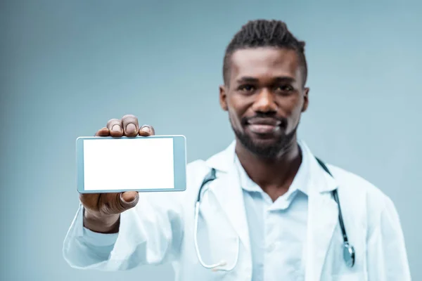 Doctor Displays Phone Screen Empty Your Graphics Modern Tech Suggests — Stock Photo, Image