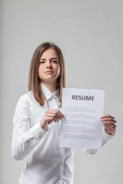 Woman Upright Stance Shows Curriculum Job Offer Candidate Reply Describing — Stock Photo, Image