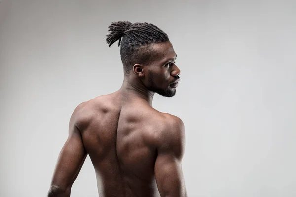Muscular Man Turns Sideways Displaying Attractive Back Muscles Luck Hard — Stock Photo, Image