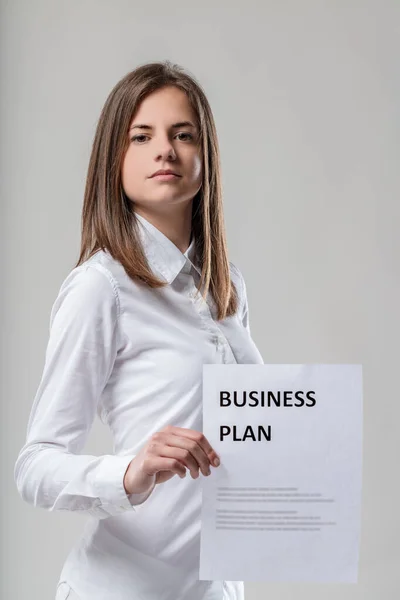 Fierce Woman Straight Posture Presents Business Plan White Shirt Brown — Stock Photo, Image