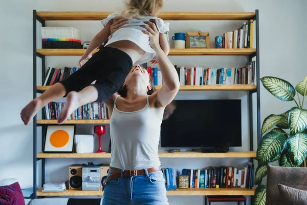 Mom Daughter Physical Play Living Room Climbing Flying Learning Joyfully — Stock Photo, Image