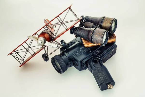 Romantic Ideals Adventure Depicted Vintage Cameras Aircraft Binoculars Treasure Maps — Stock Photo, Image