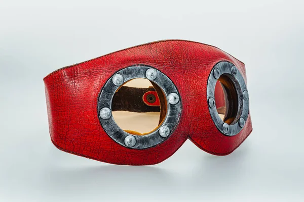 Close Red Steampunk Leather Mask Riveted Goggles White Background Ideal — Stock Photo, Image