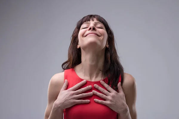Woman Breathes Deeply Exuding Satisfaction Pleasure Air Fills Her Life — Stock Photo, Image