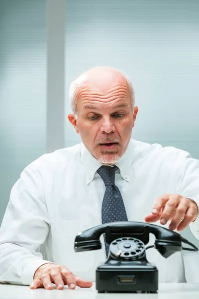 Man Terrified Lifting Black Office Phone Anxiety Conversations Can Affect — Stock Photo, Image