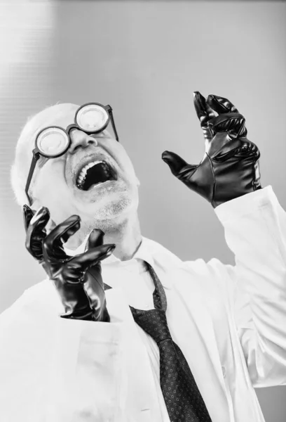 Mad Scientist Iconic Evil Professor Outdated Black White Cackles Madly — Stock Photo, Image