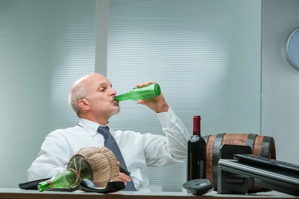 Senior Businessman Nonchalantly Drinking Beer Office Mess Alcohol Containers Possibly — Stock Photo, Image