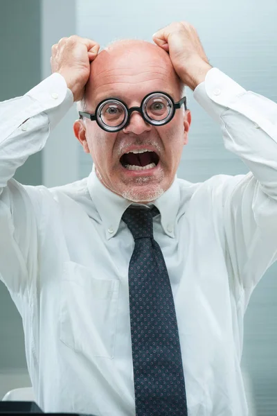 Pressed Intense Emotions Senior Office Worker Fears Judgment Constrained Resources — Stock Photo, Image