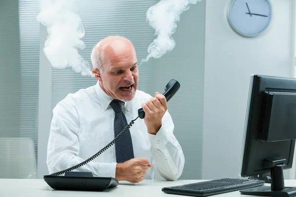 Exasperated Businessman Screams Someone Phone Agitated Subpar Support Furious Smoke — Stock Photo, Image