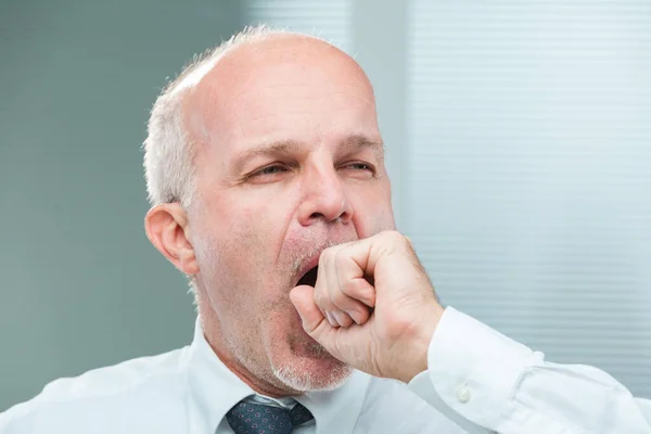 Aged Clerk Yawns Covering His Mouth Ineffectively Close Reveals Man — Stock Photo, Image