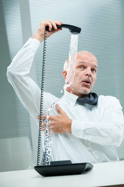 Absurd Scene Senior Businessman White Shirt Tie Humorously Using Telephone — Stock Photo, Image