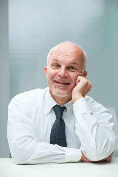 Office Worker Shows Light Serene Happiness Hearing News Senior Man — Stock Photo, Image