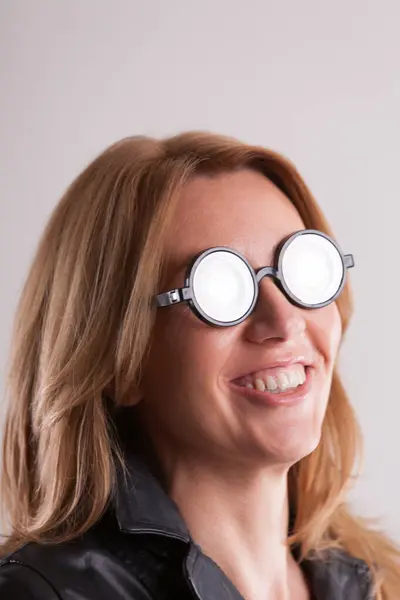Woman Dons Quirky Glasses Jest Embodying Her Jovial Spirit Her — Stock Photo, Image