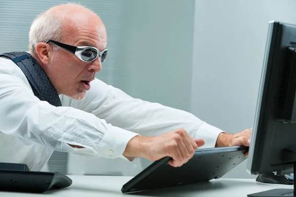 Amazing Computer Speed Senior Businessman Donning Motorcycle Glasses Has Grip — Stock Photo, Image