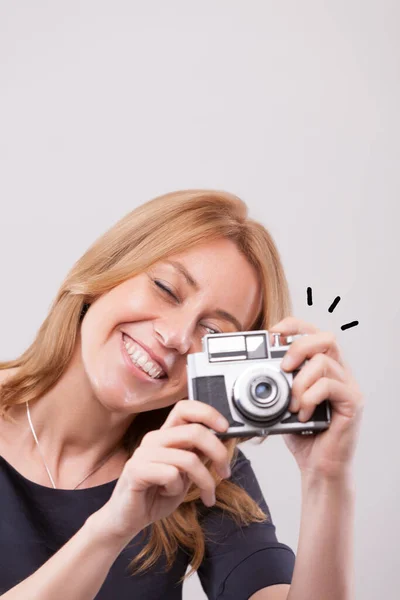 Close Portrait Woman Capturing Moments Analog Camera Accompanied Graphic Symbolizing — Stock Photo, Image